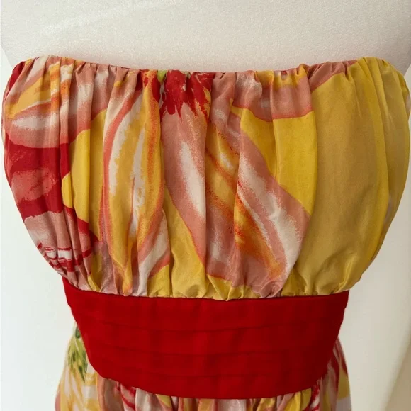 BCBG Silk Yellow Red Floral Strapless Mini Dress Size 12 - Picture 4 of 16